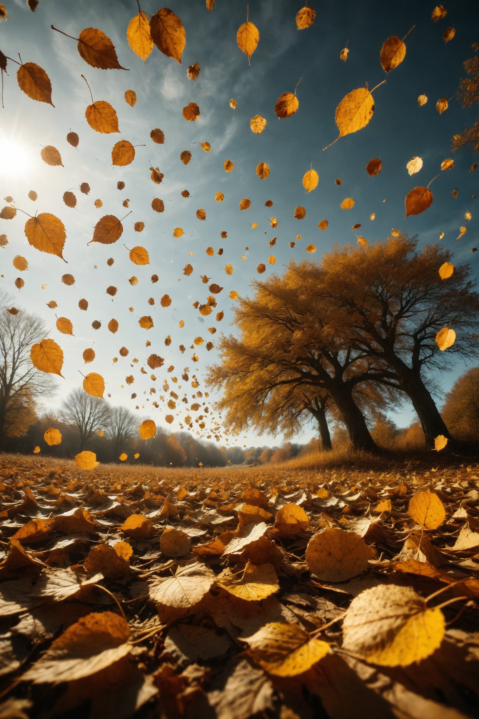 A whirlwind of golden leaves dancing in the autumn air, under a clear sky.