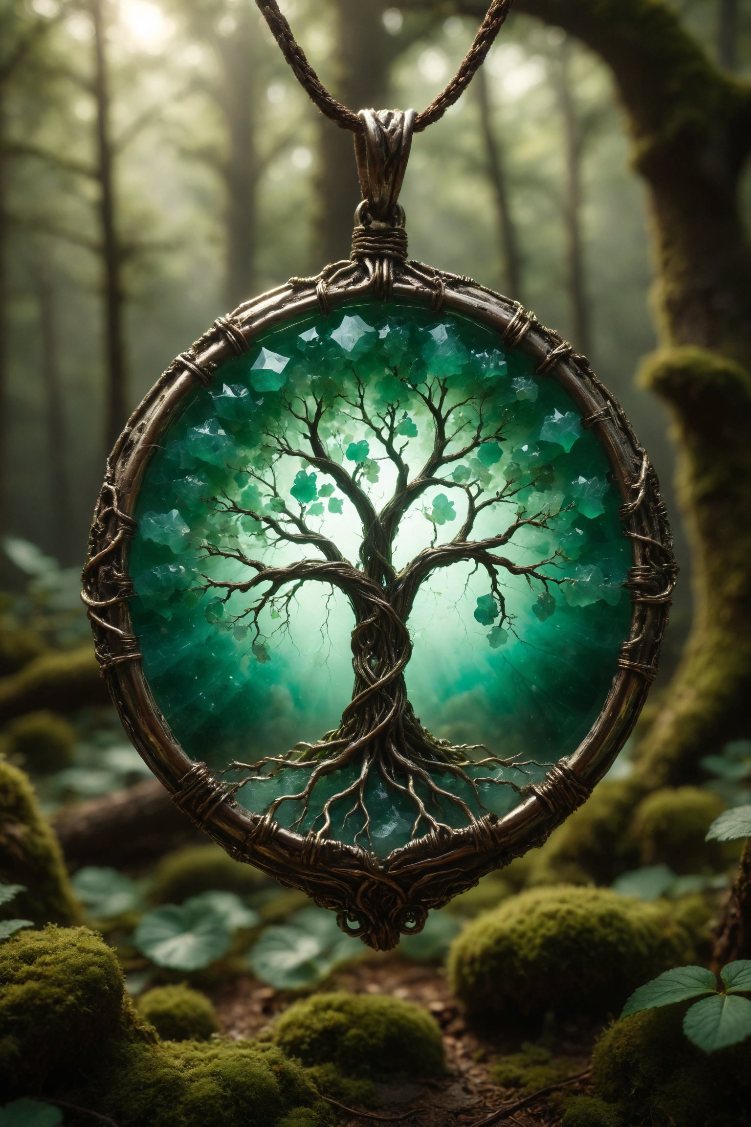 An emerald green chrysoprase in a tree of life pendant, glowing in an enchanted forest.