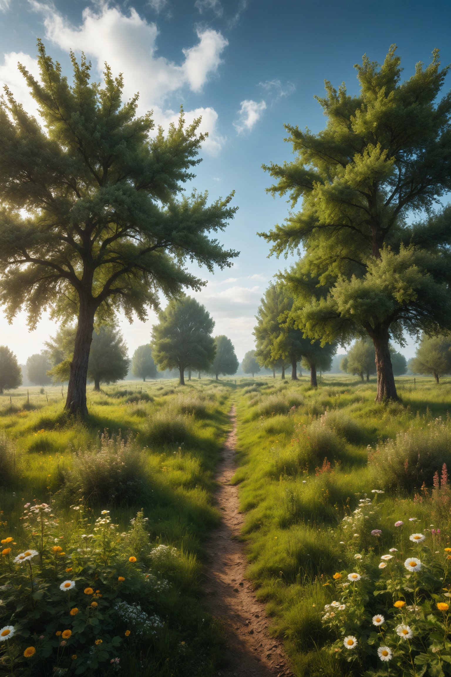 A lush green field with fruit trees and wildflowers, under a clear sky.