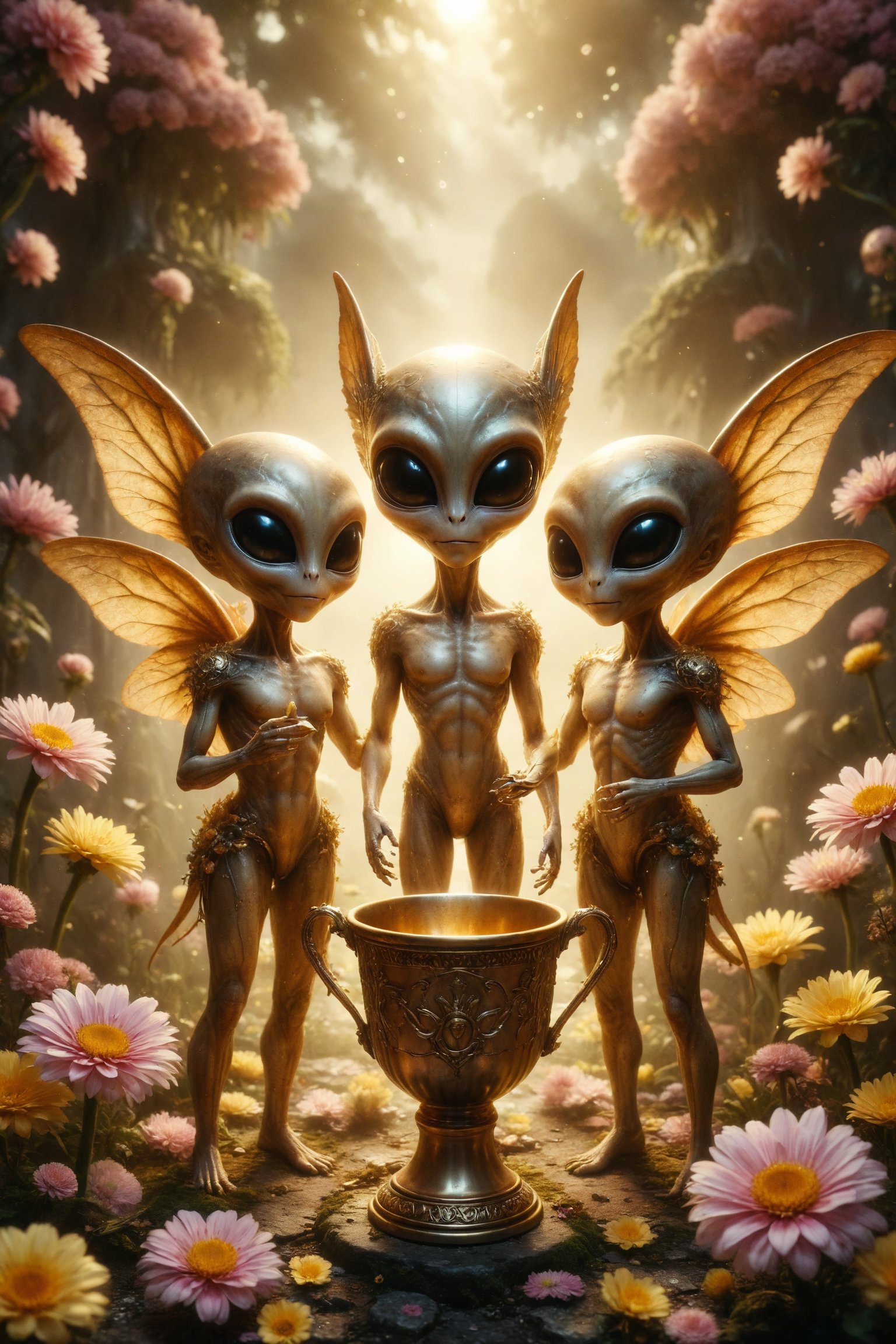 generate a image of 3 golden luxury alien with wings and hornscelebrating, each raising a gold metal cup, and surrounded by flowers, symbolizing friendship, joy and celebration.