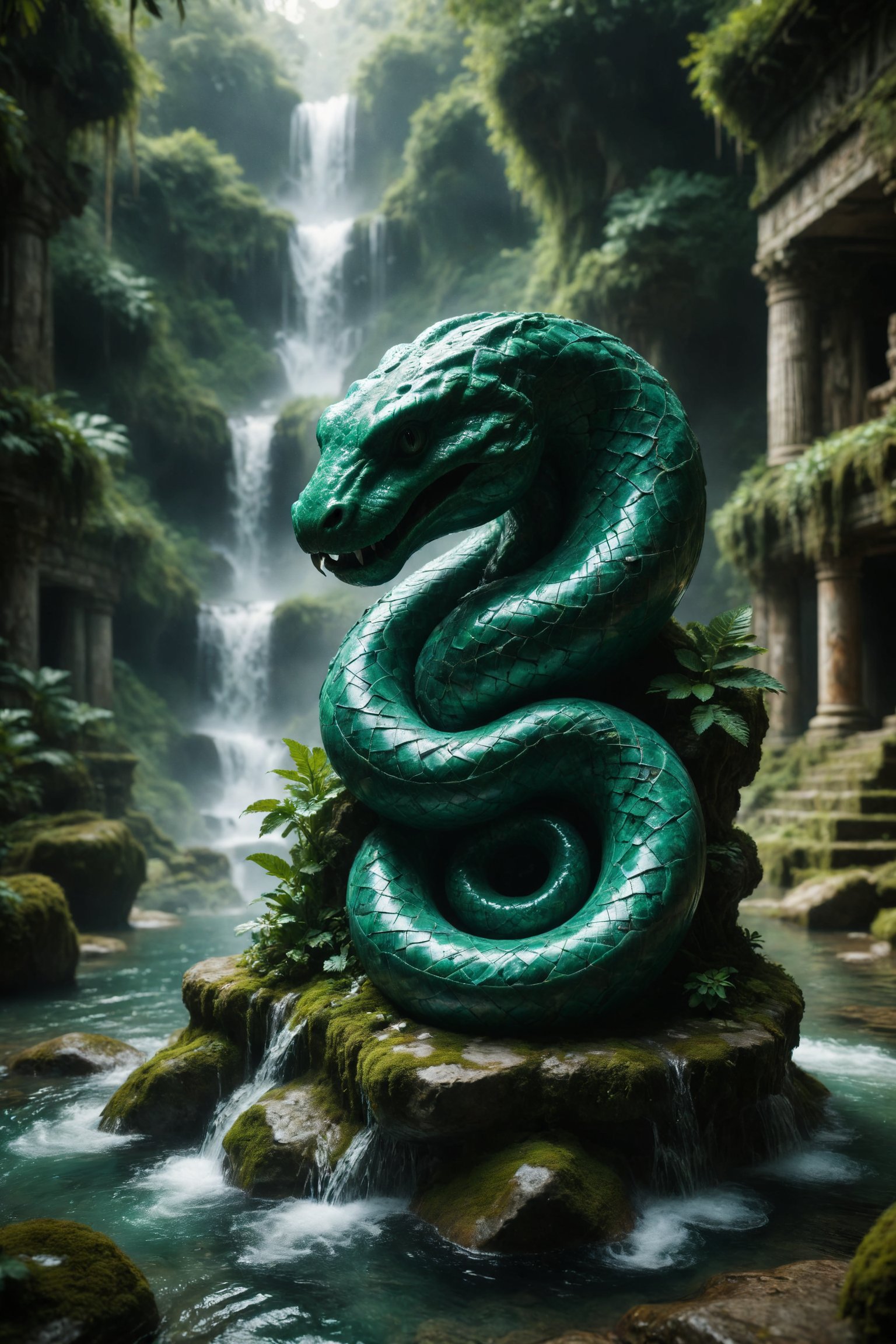 A  green malachite with spiral patterns, in a snake sculpture, in an ancient temple under a waterfall.