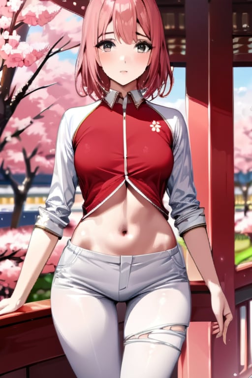 highly detailed, high quality, beautifull,1girl, solo, sakura, sexy body, showing navel), shirt red, pants white,more detail XL