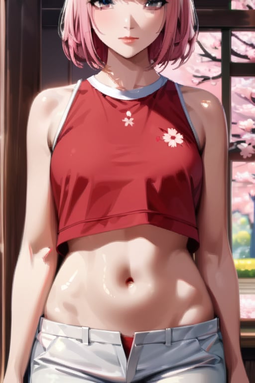 highly detailed, high quality, beautifull,1girl, solo, sakura, sexy body, showing navel), shirt red, pants white,more detail XL