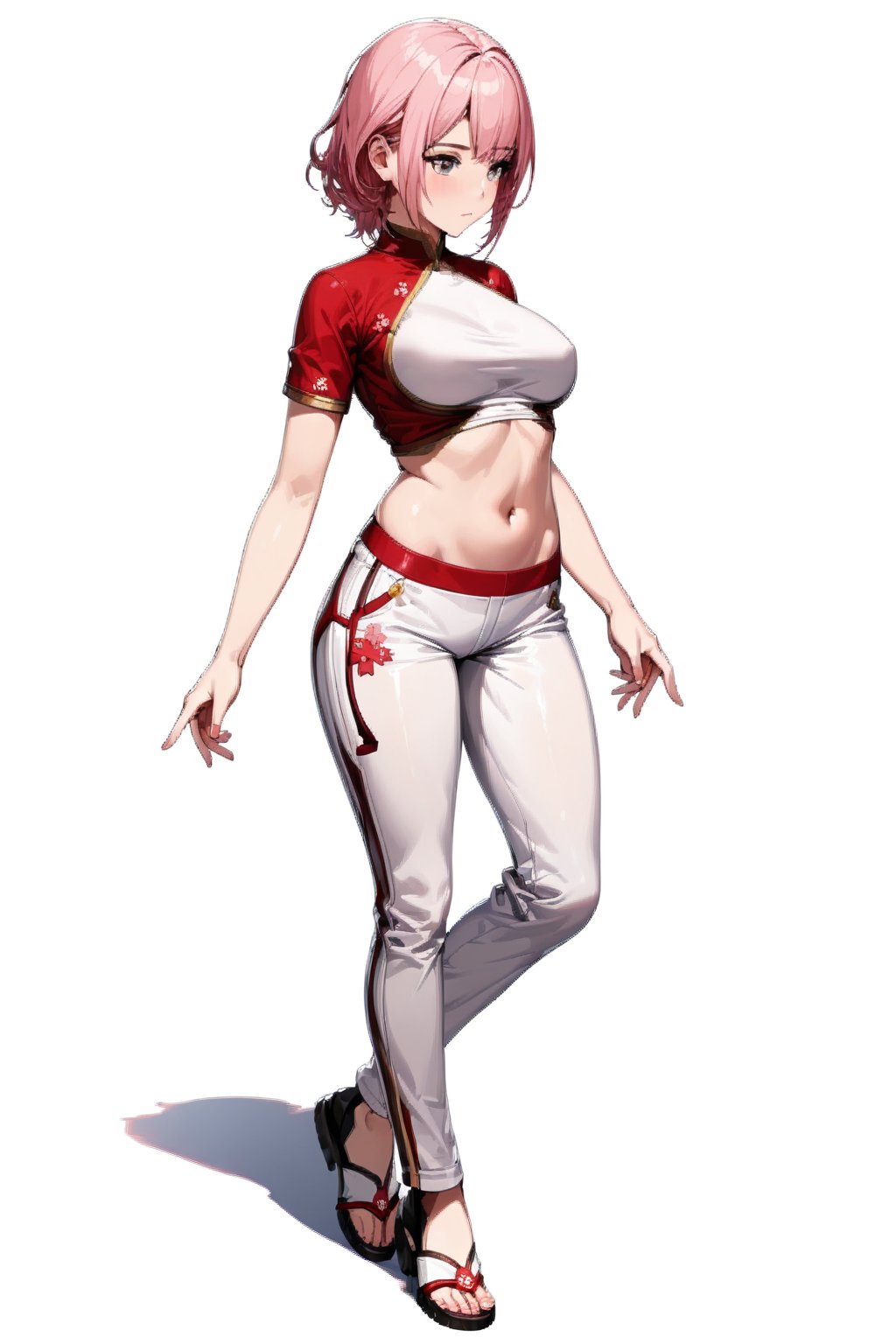 highly detailed, high quality, beautifull,1girl, solo, sakura, sexy body, full body, showing navel), shirt red, pants white,more detail XL