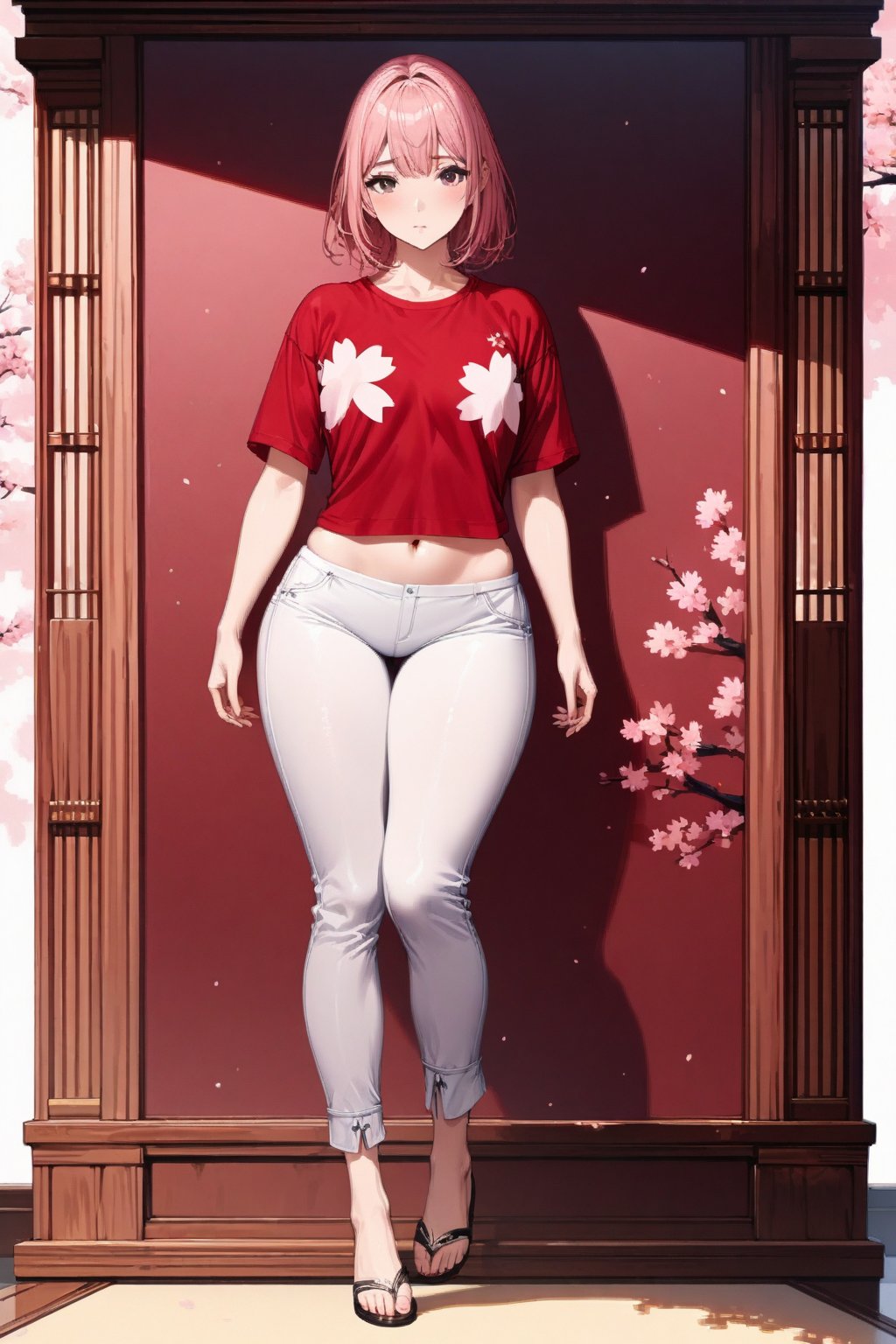 highly detailed, high quality, beautifull,1girl, solo, sakura, sexy body, full body, showing navel), shirt red, pants white,more detail XL