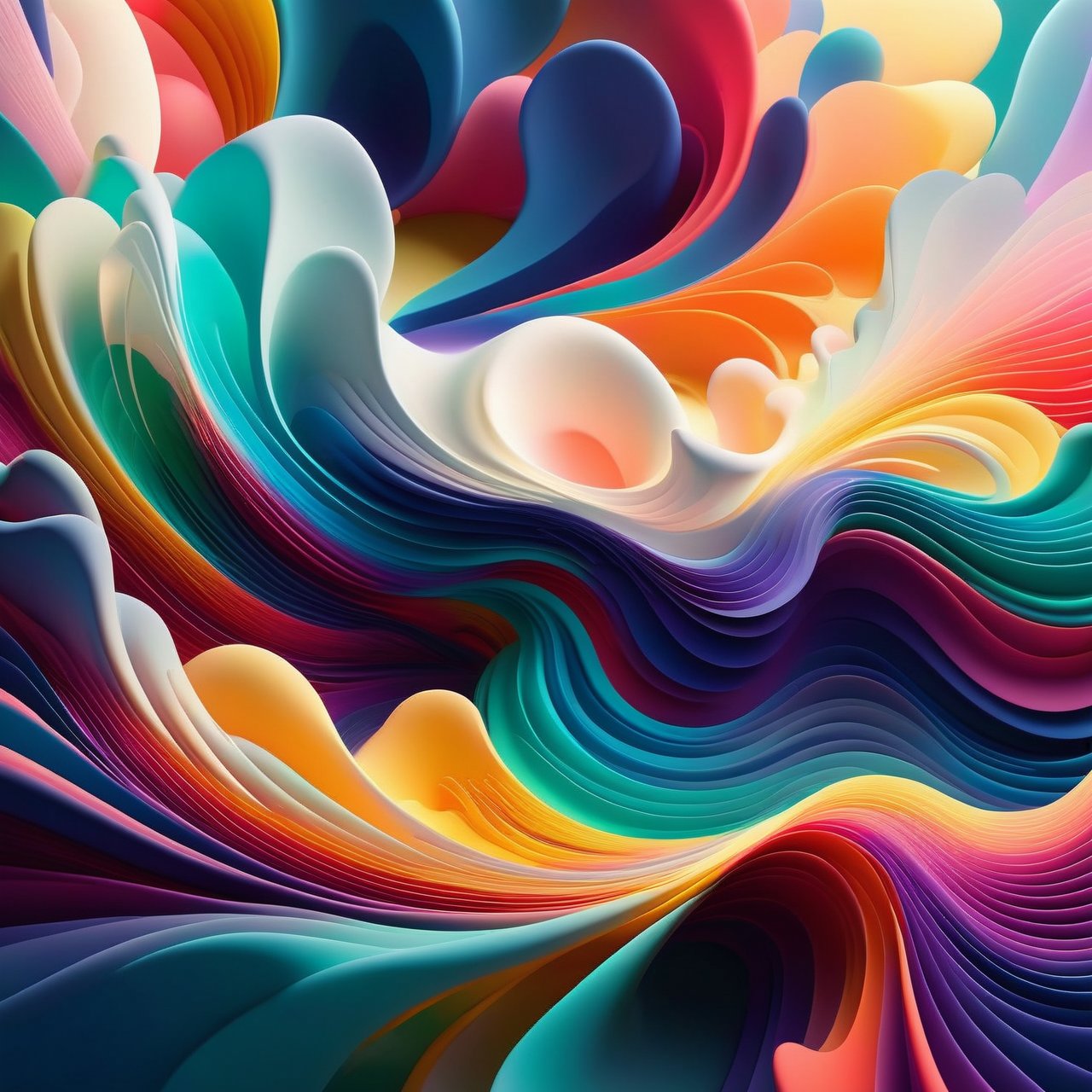 splash, swirly waves, beams of light, minimalistic colourful organic forms, energy assembled, layered, depth, alive vibrant, 3D, abstract, floating particles