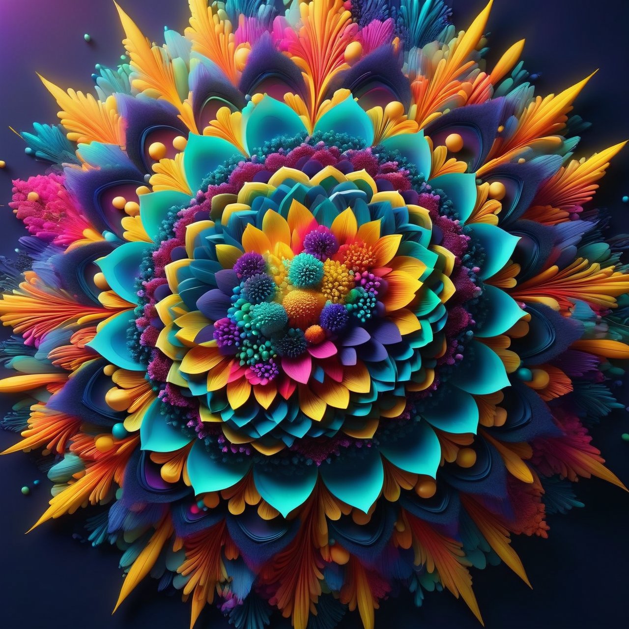 mandala, surrounded by floating particles, colourful organic forms, energy assembled, depth, alive vibrant, 3D, glowing, intricate details, octane render, photorealistic, dark background, soft natural light