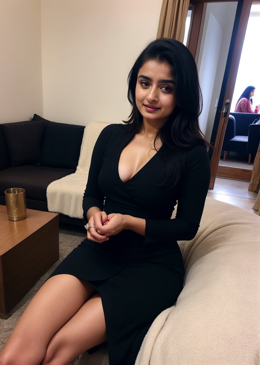 Lovely cute hot Alia Bhatt, acute an Instagram model 22 years old, full-length, long blonde_hair, black hair, winter, on a home , Indian, wearing a sexy dress, Lives text on top, thin shaped_body,