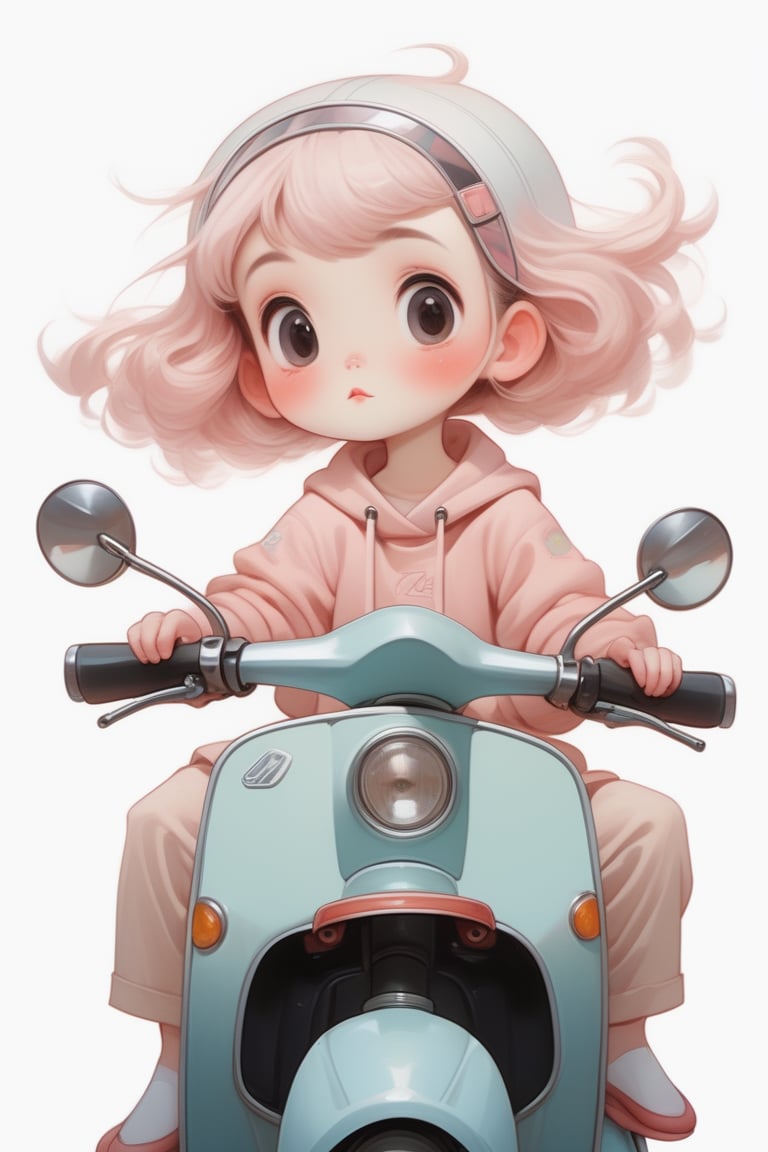 (by Loish, Leyendecker), anime girl, retro, sitting on a (Honda Super Cub), SamYangstyle, soft, super cute face, soft colors, blush, dreamy, more detail XL, full body

White Background