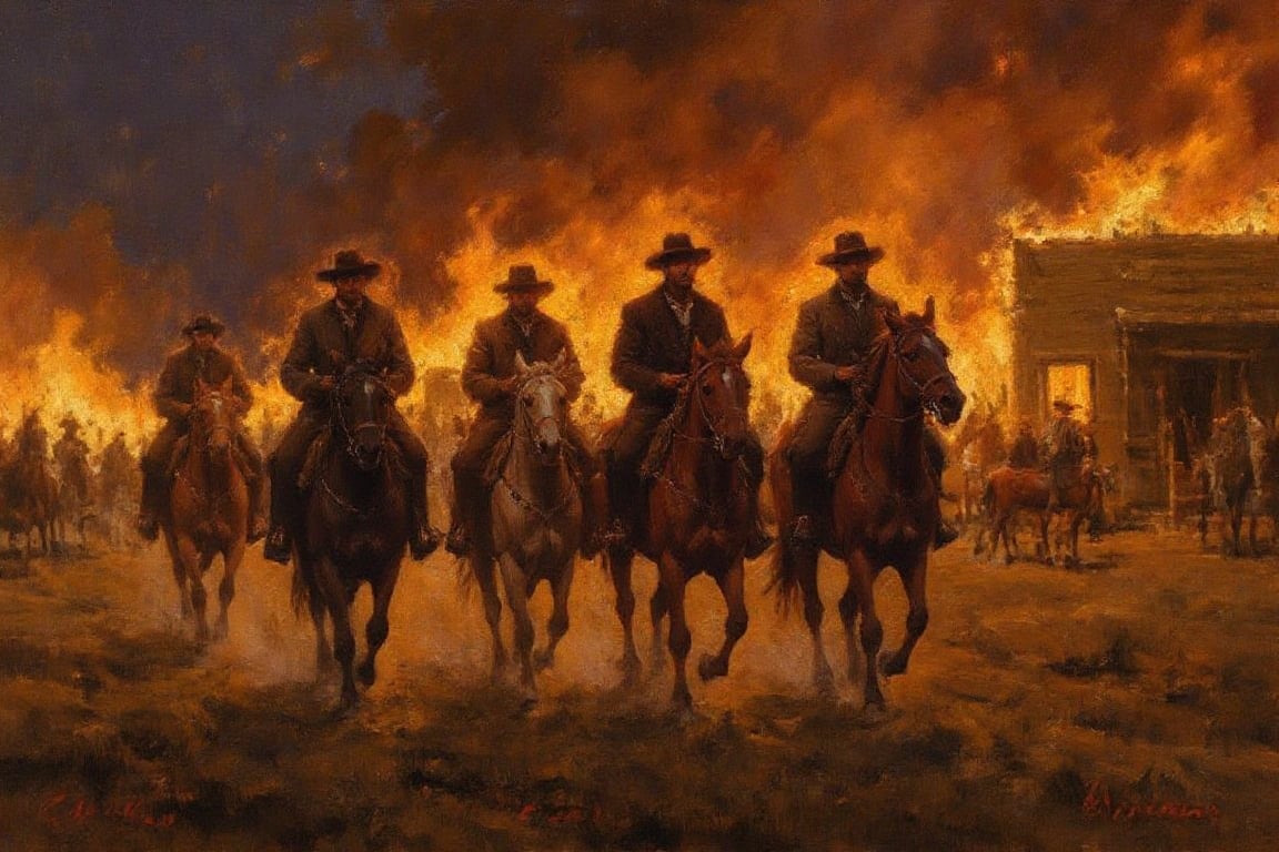 oilpainting, front view of a gang of cowboys on horseback leaving a burning town, the night sky illuminated by their horrid actions. Dramatic lighting with fiery glow reflecting off the horses and riders, smoke billowing from the town. Cowboys in rugged attire, expressions of menace, riding away from the inferno. Composition includes the burning buildings in the background, emphasizing the chaos and destruction.