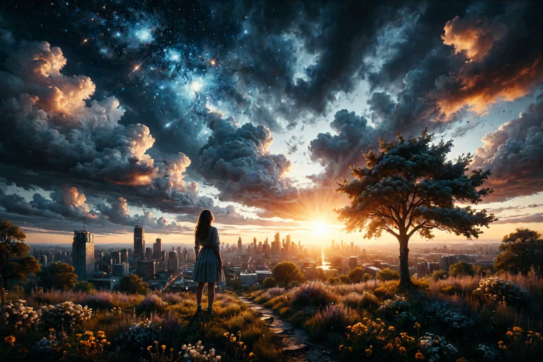 award winning photo, photograph, ultra photorealistic, photorealism, film still of inside a modern design  smooth shading, daylight, bright colors, hyper realistic, modern, surreal, lights, behance, halation, bloom, dramatic atmosphere, rule of thirds, 8k uhd, dslr, high quality, film grain, kodak, panavision, cinestill

beautiful landscape, night sky, beautiful and starry sky, via lactea in the sky, city, girl watching at sunset, beautiful clouds, beautiful sky, detailed image, beautiful trees, stunning image, perfect use of light, ballad lighting, wind,Beautiful