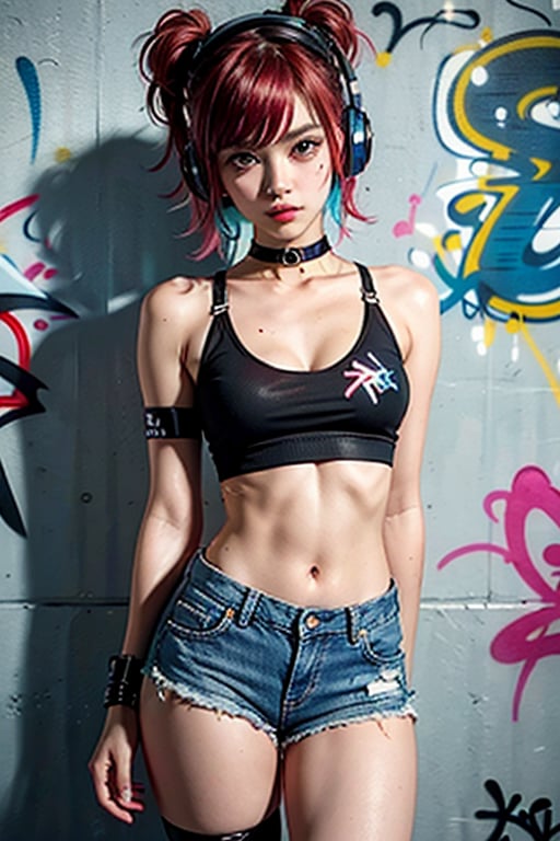 masterpiece, best quality, 1girl, solo, crop top, denim shorts, choker, (graffiti:1.5), paint splatter, arms behind back, against wall, looking at viewer, armband, thigh strap, paint on body, head tilt, bored, multicolored hair, aqua eyes, headset,