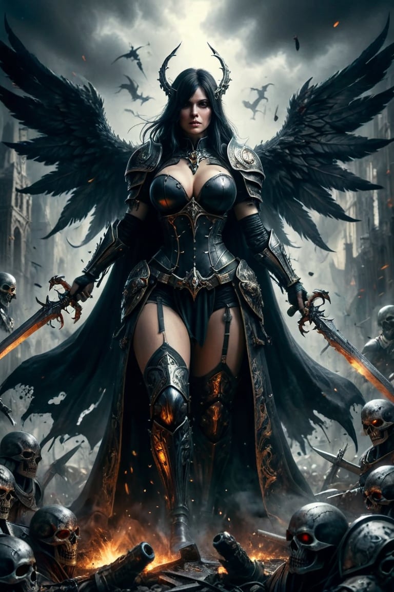 Masterpiece, best quality, ultra-high resolution, enhanced details, visually stunning, stunningly beautiful, huge breasts, slim waist, wide hips, huge ass, award-winning art, (abstract art: 1.3), beautiful, full length, very detailed, full legs, very beautifu, battle nun, medieval warhammer style,  adepta sororitas, sisters of battle, black hair, long hair, battle armor, dark sword, realistic watercolor painting, trending on artstation, sharp focus, studio photo, intricate details, highly detailed, by greg rutkowski, more DetailsXL