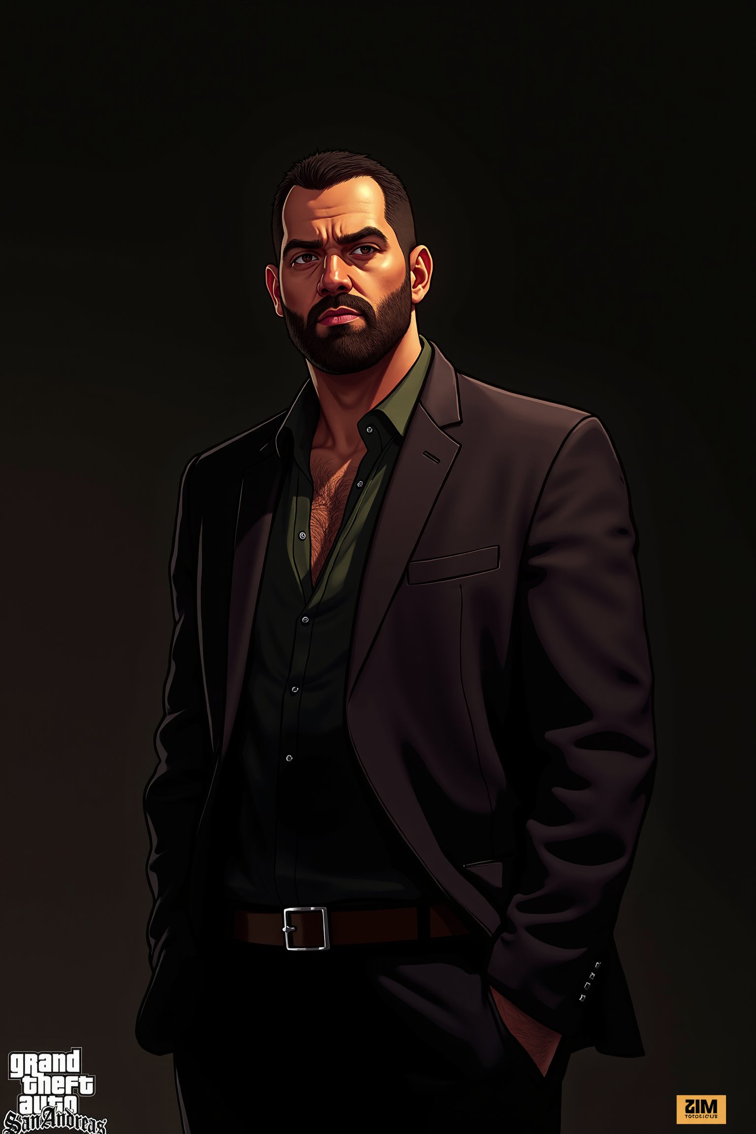 A tall, stout young man in his early 20s with a subtle beard and brown eyes, dressed in a mafia-style badass outfit. The scene is captured in 4K resolution, showcasing a masterpiece composition. The lighting is dramatic, highlighting his confident stance and bold attire. The background is dark and sophisticated, emphasizing his mafia persona and intense expression.,gtastyle,A stylized illustration of a character from Grand Theft Auto,shadow,San Andreas,poster text "'GRAND THEFT AUTO''SAN ANDREAS'"