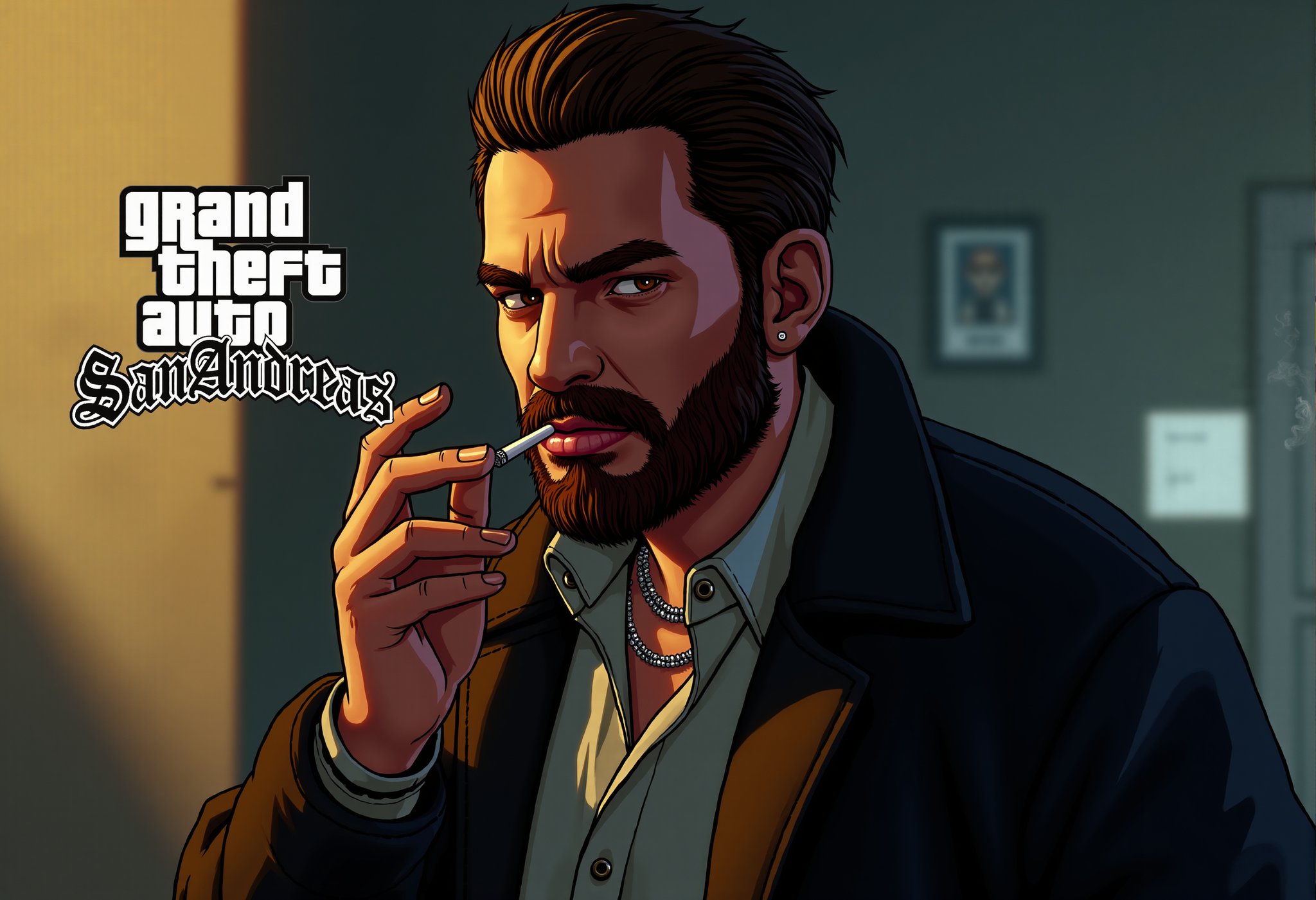 A tall, stout young man in his early 20s with a subtle beard and brown eyes, dressed in a gangster-style badass outfit, smoking a cigarette with a confident demeanor. The scene is captured in 4K resolution, showcasing a masterpiece composition. The lighting is dramatic, highlighting his bold attire and intense expression. The background is urban and gritty, emphasizing his gangster persona and powerful presence.,gtastyle,A stylized illustration of a character from Grand Theft Auto,shadow,San Andreas,poster text "'GRAND THEFT AUTO''SAN ANDREAS'"