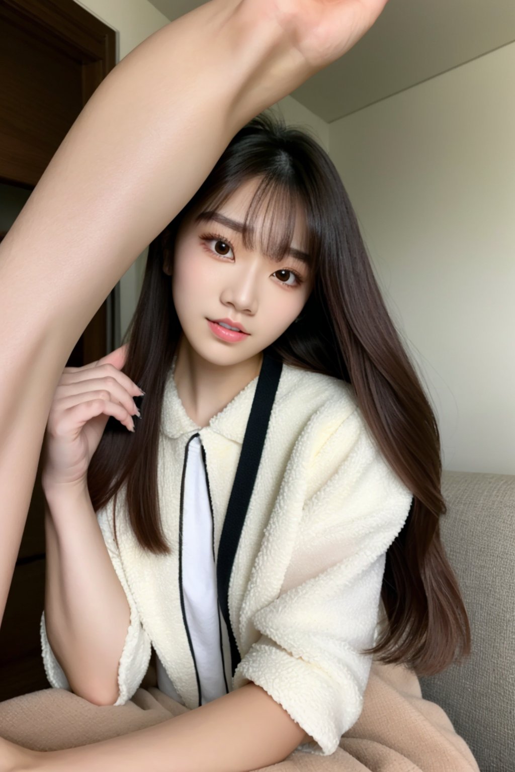 Cute girl with white skin, slim, long brown hair, bangs, double eyelids, large round eyes, long eyelashes, full body with legs and feet, light makeup, age 20 years old, kpop girl, tiktok girl, internet celebrities, metis (persona),Bomi