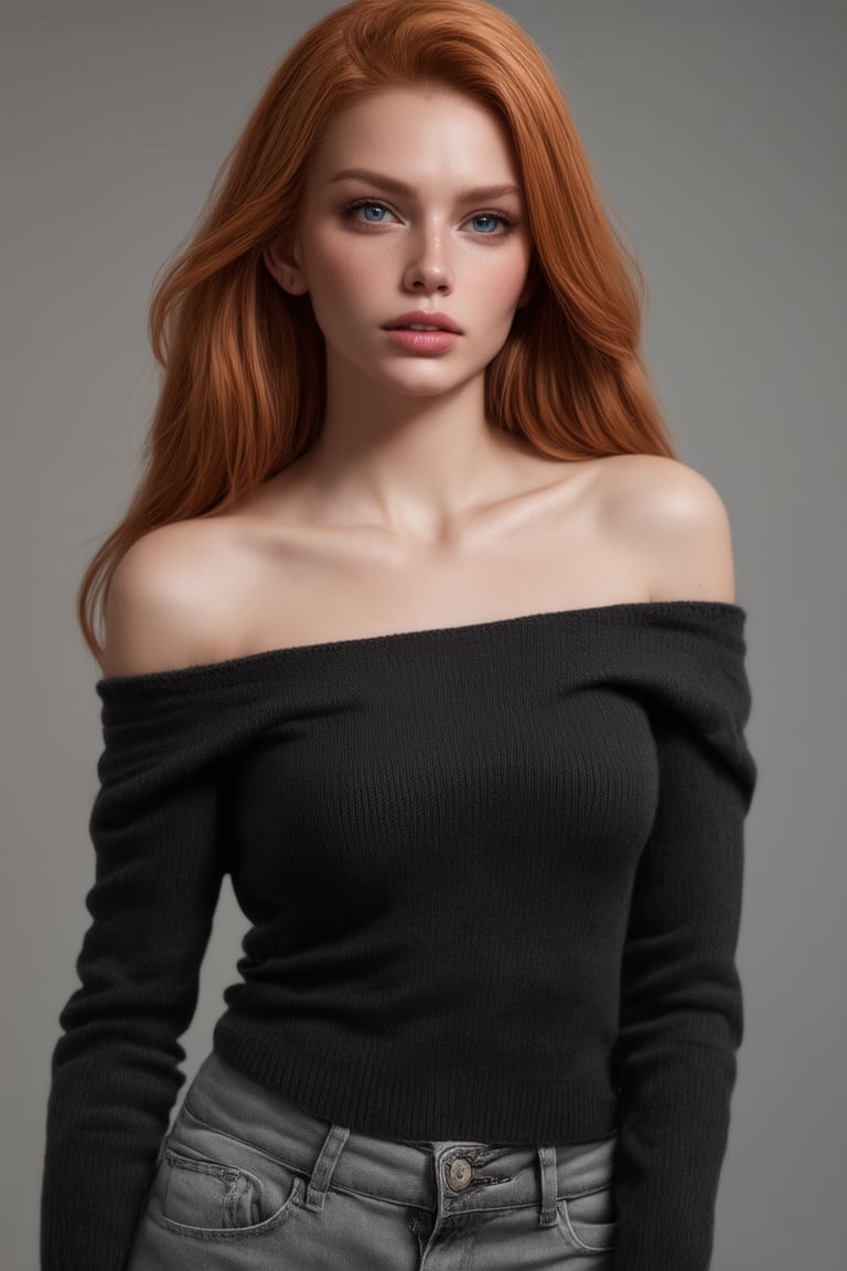 beautiful woman, standing, medium shot, cowboy shot, full body, wearing black off shoulder sweaters, denim grey jeans, long messy red hair, parted lips, (freckles:0.6), (blue eyes:0.9), aesthetic jawline, sharp chin, fair skin, soft cinematic lighting, grey background, (best quality, 4K, 8K, high-resolution, masterpiece), ultra-detailed, best detailed, details, natural skin texture, RAW photo, skin detailed, photorealism, photorealistic, intricate, elegant, highly detailed, insane details, intricate details, hyper detailed, photogenicLDG