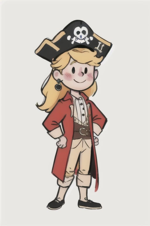 chibi, style parody, ((masterpiece,best quality)), absurdres, hmdmg1 1man, pirate, gold trim, colorful, pirate hat, ruffle collar, blush, blush stickers, solo, smiling, looking at viewer, cowboy shot, cinematic composition, contrapposto,simple background, white background, eldmeisterog style ,sks style,sketch art, peg leg, ruffley outfit,