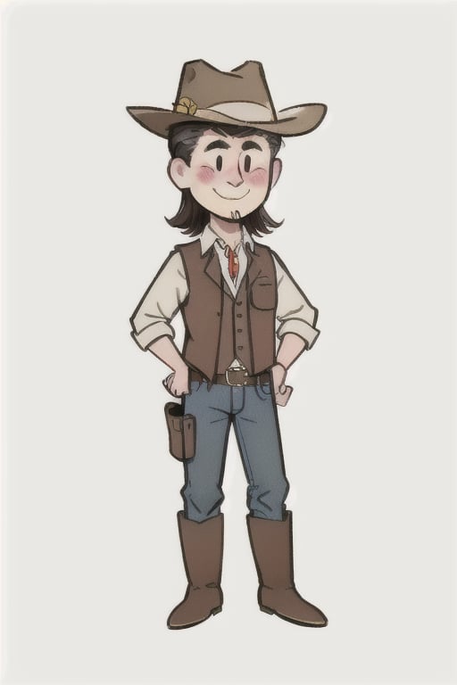 chibi, style parody, ((masterpiece,best quality)), absurdres, hmdmg1, man, cowboy, cowboy hat, button up shirt, leather vest, fringed, chaps, fringed chaps, belt buckle, bolo tie, blush, blush stickers, solo, looking at viewer, cowboy shot, cinematic composition, contrapposto,simple background, white background, eldmeisterog style ,sks style,rough_art, slicked_back_hair, smiling, holster, cowboy boots, stubble