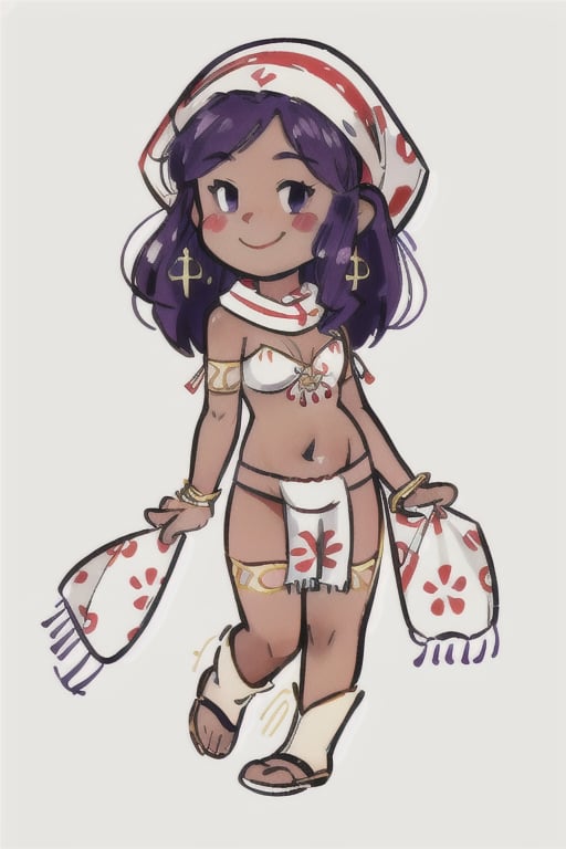 chibi, style parody, ((masterpiece,best quality)), absurdres, girl, Arabic, belly dancer, dark skin, purple hair, hmdmg1, blush, blush stickers, solo, smiling, looking at viewer, cowboy shot, cinematic composition, contrapposto,simple background,eldmeisterog style ,sks style,sketch art, loincloth, midriff, groin lines, sequins, hip scarf, head scarf, holding scarf, 