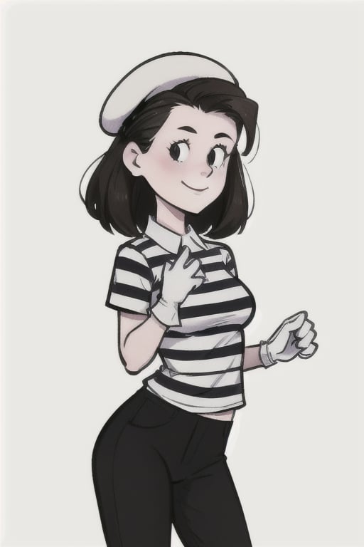 chibi, style parody, ((masterpiece,best quality)), absurdres, hmdmg1, woman, striped shirt, black and white, pale white skin, black hair, black pants, beret, mime, medium breasts, solo, looking at viewer, cowboy shot, cinematic composition, contrapposto,simple background, white background, eldmeisterog style ,sks style,rough_art, slicked_back_hair, smiling, white gloves, 