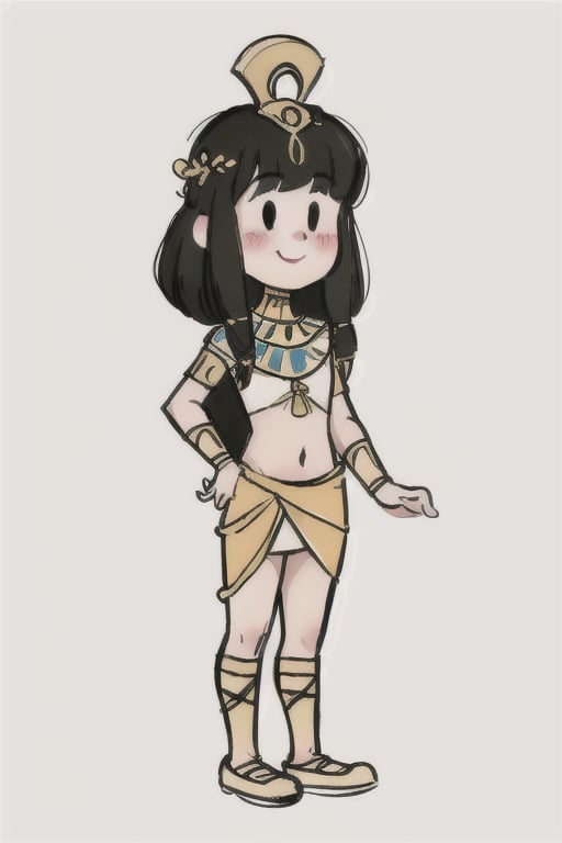 chibi, style parody, ((masterpiece,best quality)), absurdres, girl, Egyptian girl, silk clothes, sheer, hmdmg1, blush, blush stickers, solo, smiling, looking at viewer, cowboy shot, cinematic composition, contrapposto,simple background,eldmeisterog style ,sks style,sketch art, skirt, midriff, hip_lines, ancient_egypt,egyptian clothes, black hair, black Egyptian eyeliner, 