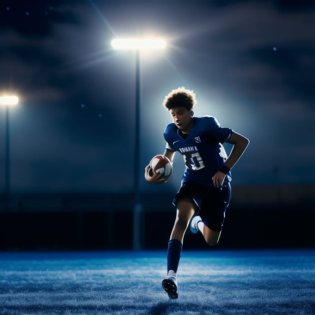 A teenage football player in action, dribbling a ball under a starry night sky, illuminated by soft ambient lighting, capturing the dynamic movement and focus of the young athlete.