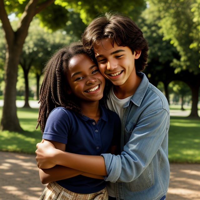 A 15-year-old African girl warmly hugging an 18-year-old Italian boy, both smiling, in a sunlit park with lush greenery, capturing a heartfelt moment of friendship and cultural exchange.