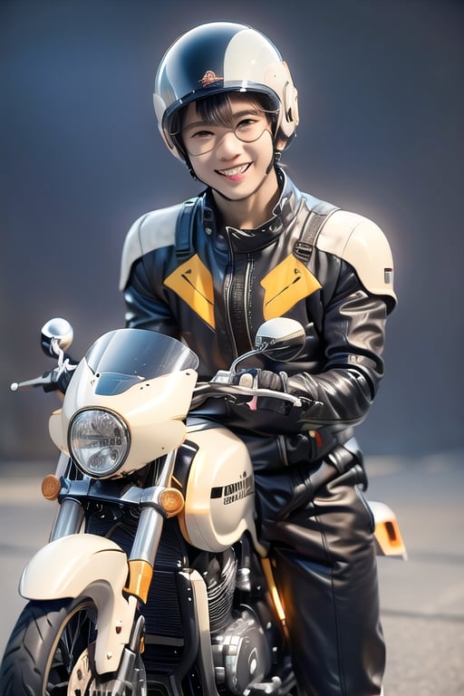 looking at viewer, smile, simple background, brown hair, gloves, 1boy, holding, brown eyes, male focus, shoes, glasses, teeth, solo focus, black gloves, fingerless gloves, chibi, grin, white footwear, helmet, headwear removed, realistic, jumpsuit, miniboy, helmet removed, holding helmet, motorcycle helmet