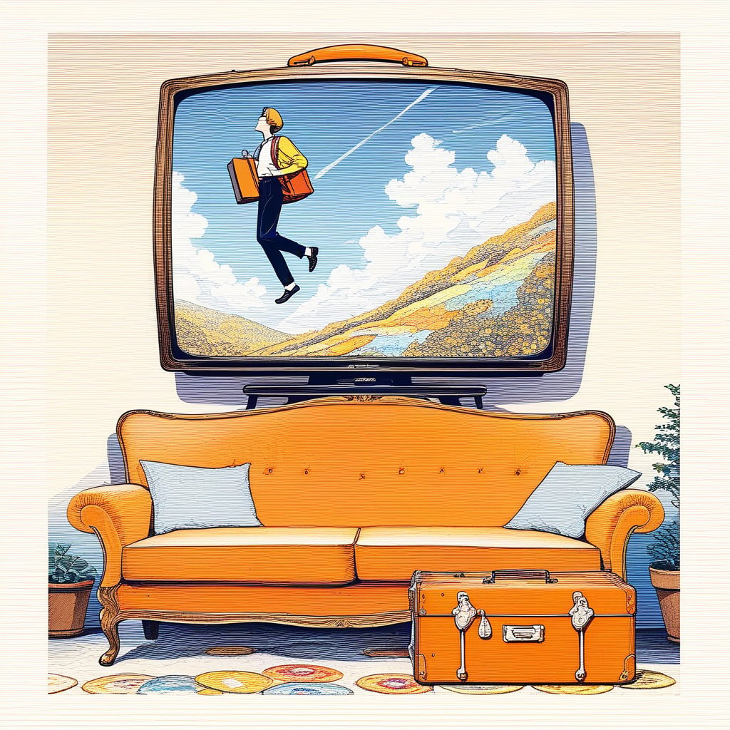 A young man, carefree figure walks towards the edge of a cliff, looking up at the sky. He is carrying a light backpack and is about to take a confident step into the void. In her right hand he holds a white guitar while in her left an orange suitcase, fractal art (tarot card design), in living room, psycodellic, classic and elegant colors, Lofi artistic style, vintage, [(text that says "EL LOCO")], best quality, masterpiece, extremely detailed and intricate details, a man laying on a couch in front of a tv, 2 0 0 0 s cover art, energetic mood, vogue, inspired 2000`s, diaper-shaped, psycodellic, holding electric guitars, colonial style, upsidedown, post grunge, midair, poster vintage, fashion color