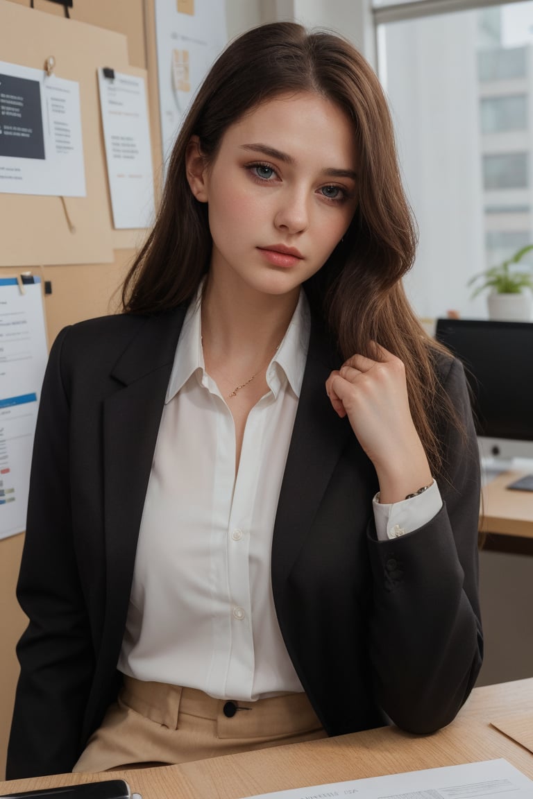 22 yr 1girl, solo, long hair, looking at viewer, blue eyes, brown hair, shirt, black hair, closed mouth, jacket, half body, artist name, lips, white shirt, black jacket, realistic, office_lady, office, straight position, looking straight, office dress,