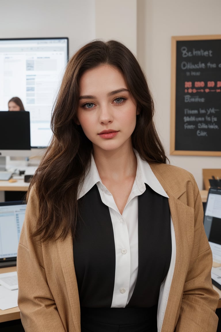 22 yr 1girl, solo, long hair, looking at viewer, blue eyes, brown hair, shirt, black hair, closed mouth, jacket, half body, artist name, lips, white shirt, black jacket, realistic, office_lady, office, straight position, looking straight, office dress,