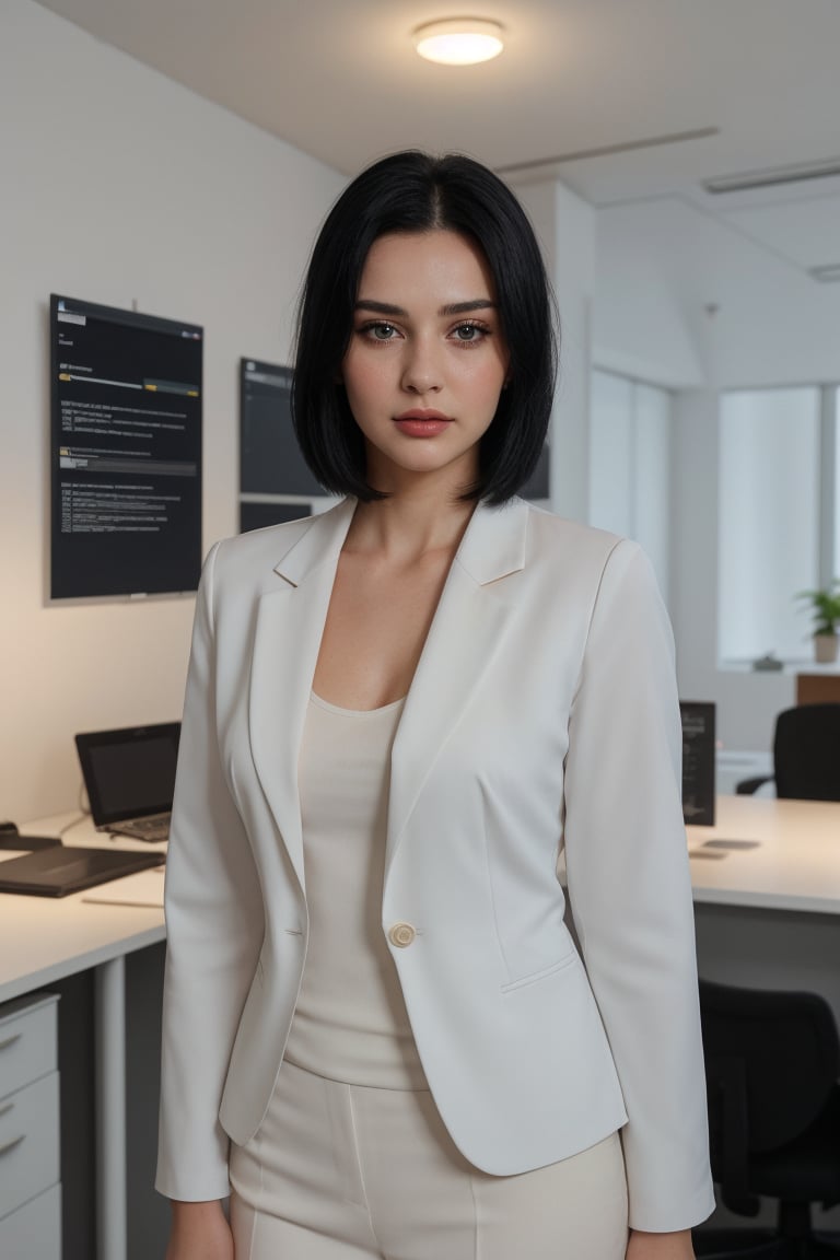 22 year old girl, solo, looking at viewer, blue eyes, black straight hair, closed mouth, artist name, lips, white shirt, black blazer, realistic, perfect hairstyle, office_lady, office, office dress, standing, looking straight, half body, attention position, More Detail