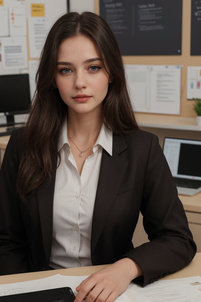 22 yr 1girl, solo, long hair, looking at viewer, blue eyes, brown hair, shirt, black hair, closed mouth, jacket, half body, artist name, lips, white shirt, black jacket, realistic, office_lady, office, straight position, looking straight, office dress,