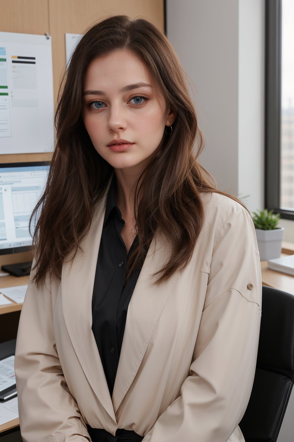 22 yr 1girl, solo, long hair, looking at viewer, blue eyes, brown hair, shirt, black hair, closed mouth, jacket, half body, artist name, lips, white shirt, black jacket, realistic, office_lady, office, straight position, looking straight, office dress,