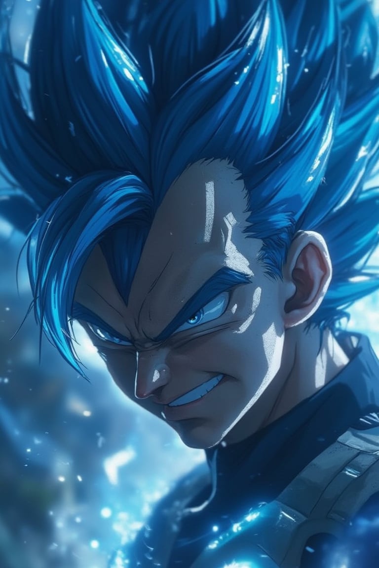 a cinematic close-up of Vegito from Dragon Ball, focusing on his striking blue spiked hair. The image should capture the intensity of his expression, with the vibrant blue of his Super Saiyan Blue hair standing out sharply. The background should be slightly blurred to emphasize the detailed textures of his hair and his fierce gaze. Lighting should be dramatic, highlighting the contours of his face and the glowing energy around him, giving the photo a high-impact, cinematic quality,Midjourneyart