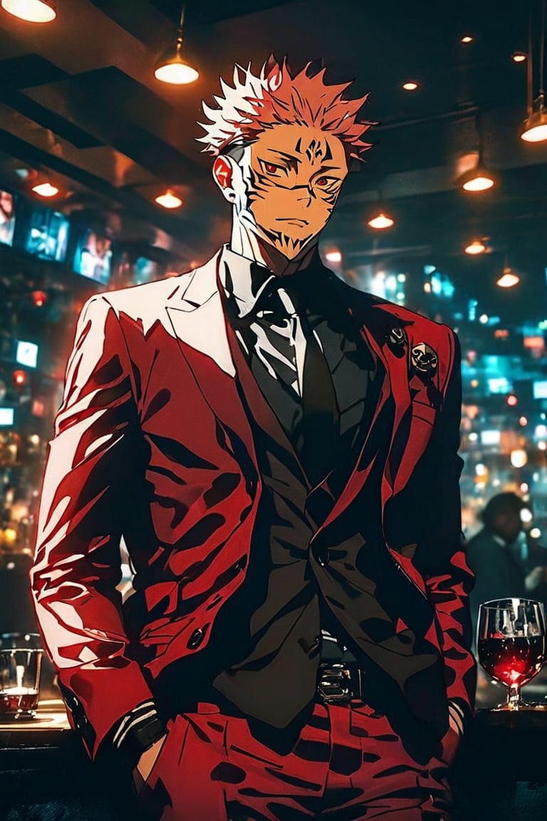 ((masterpiece)),high quality,8k, details, cinematic lights,solo, looking at viewer, short hair, shirt, red eyes, long sleeves, 1boy, sitting, jacket, pink hair, male focus, cowboy shot, necktie, collared shirt, pants, indoors, vest, cup, black shirt, tattoo, facial mark, formal, suit, spiked hair, red jacket, drinking glass, hands in pockets, wine glass, undercut, facial tattoo, red pants, extra eyes, itadori yuuji, ryoumen sukuna \(jujutsu kaisen\),Niji journey