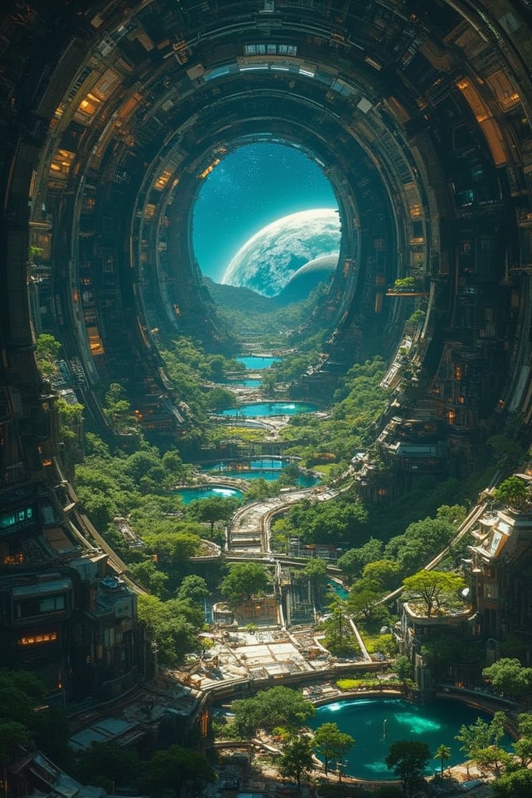 A breathtaking view of a futuristic space colony, designed as a massive cylindrical structure floating in the cosmos. The interior of the cylinder reveals a meticulously planned cityscape with lush green areas, shimmering lakes, and agricultural zones. The curved walls create an illusion of a complete world wrapping around itself. Multiple levels of infrastructure and habitation are visible, showcasing advanced urban planning. The exterior of the cylinder reflects the starry expanse of space, with nearby planets visible in the background. The image is captured with a wide-angle lens, emphasizing the scale and grandeur of the structure, with high dynamic range to balance the bright interior with the dark vacuum of space.,noc-fantasy,noc-futuristic,Midjourneyart