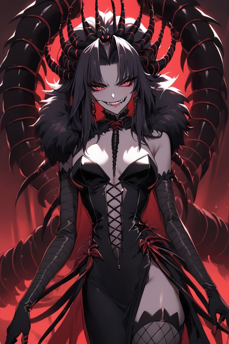 a medium shot, of a seductress scolopendra girl, with a cruel smile