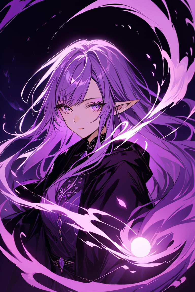 medium shot of an ethereal elf's face, illuminated by soft, purple lunar light. Dark, swirling magic coursing through her veins like a midnight river, contrasting her fiery locks which seem to embody both the radiant warmth of the moon and the purple glow of the moon. Her features are aglow with an otherworldly intensity.