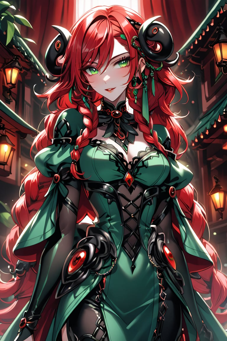 a octupus seductress woman, with a green dress, red hair with green braids, and cian eyes