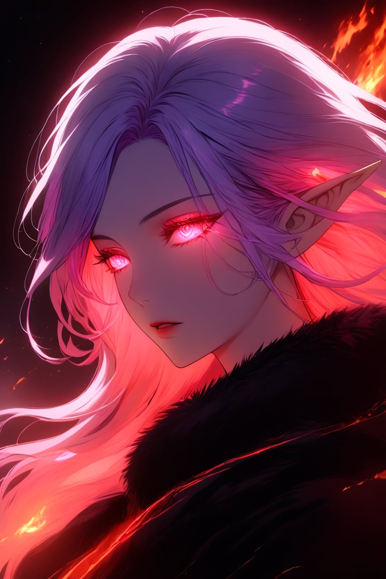 medium shot of an ethereal elf's face, illuminated by soft, purple red light. Dark, swirling magic coursing through her veins like a midnight river, contrasting her fiery locks which seem to embody both the radiant warmth of the moon and the blooded glow of the moon. Her features are aglow with an otherworldly intensity.