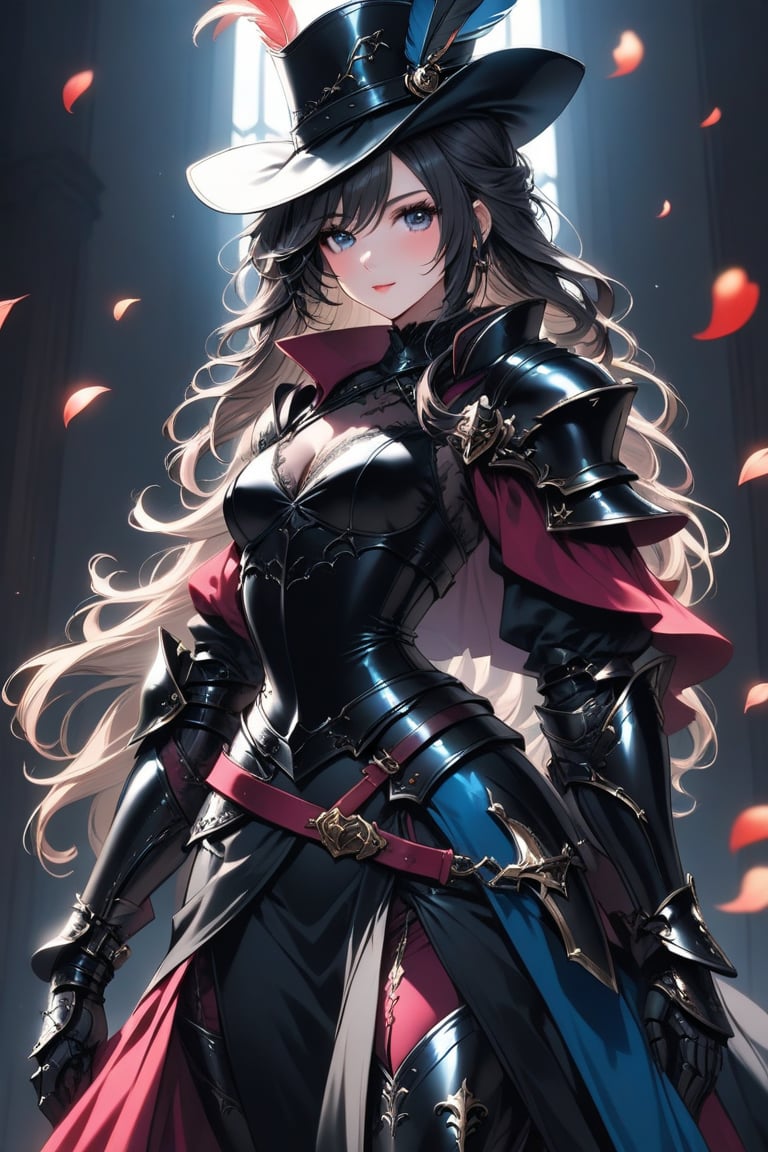 a medium shot, of a seductress girl, dressed as a musketeer, having a small hat with a feather, her armor color is black and the deails in her dress are random colors, her hair is randomly selected.