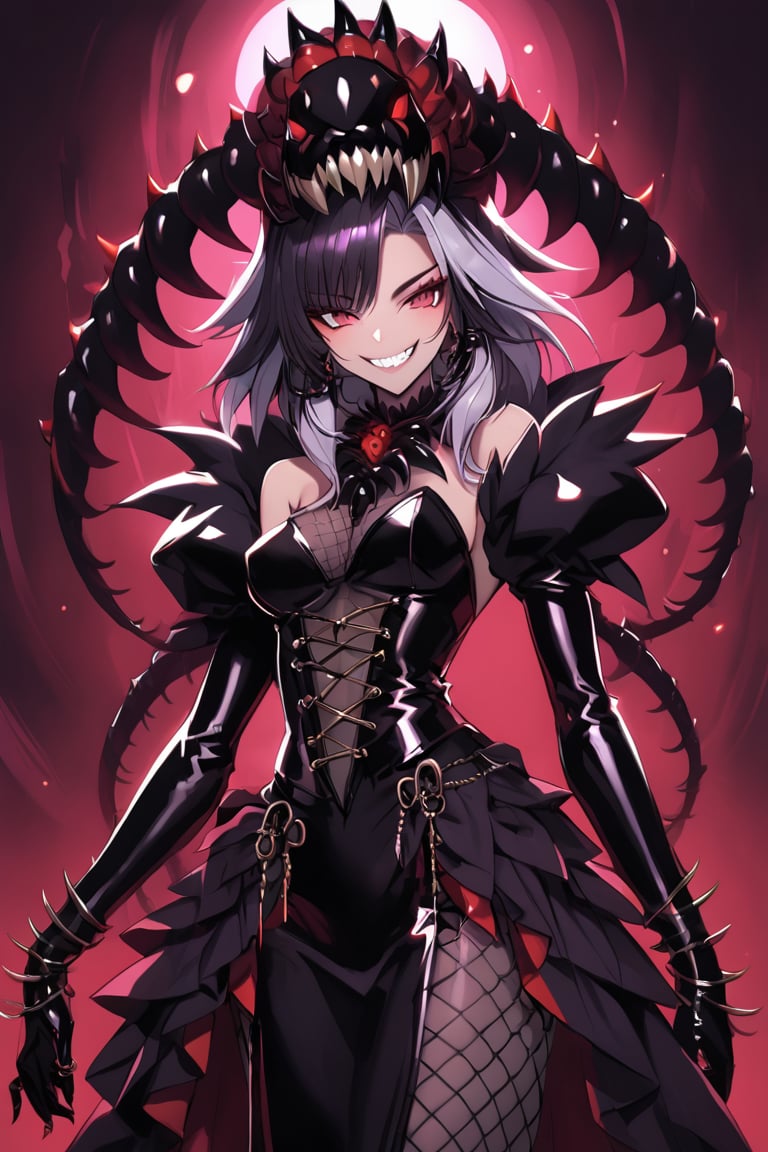 a medium shot, of a seductress scolopendra girl, with a maniac smile