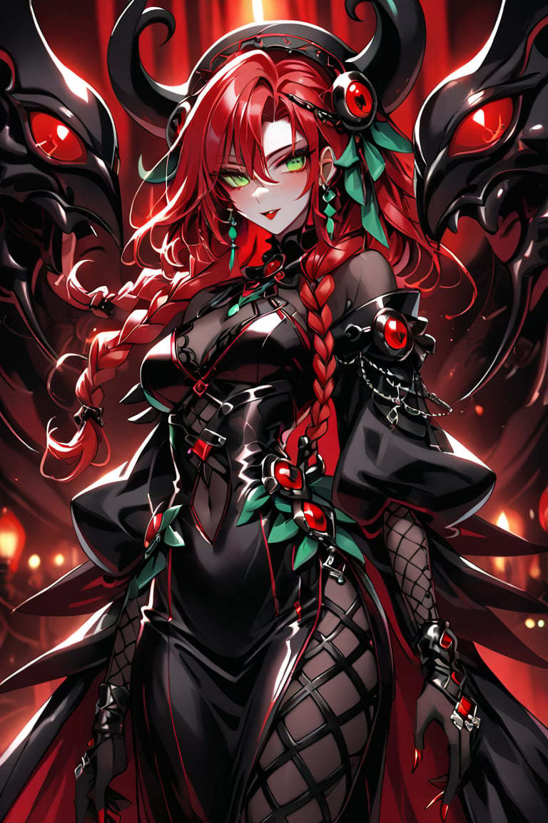 a octupus seductress woman, with a black dress with red details, red hair with green braids, and cian eyes