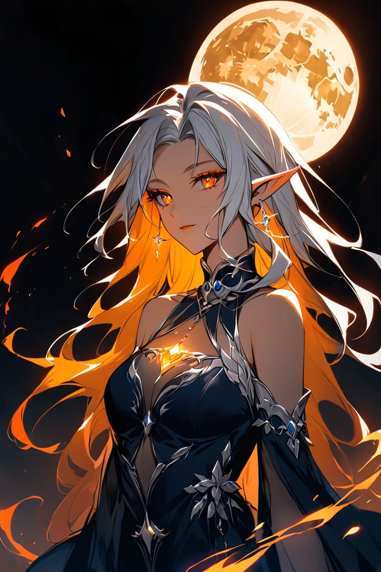 medium shot of an ethereal elf's face, illuminated by soft, lunar light. Dark, swirling magic coursing through her veins like a midnight river, contrasting her fiery locks which seem to embody both the radiant warmth of the sun and the silvery glow of the moon. Her features are aglow with an otherworldly intensity.