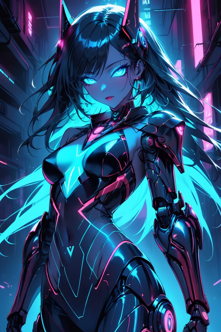 a alien seductress woman, with some mechanical armor in her body, she have some nazca lines in all her body, glowing in random color neon  light