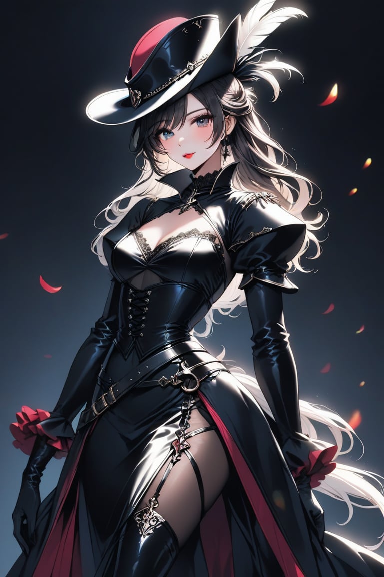 a medium shot, of a seductress girl, dressed as a musketeer, having a small hat with a feather, her dress color is black and the deails in her dress are random colors, her hair is randomly selected.