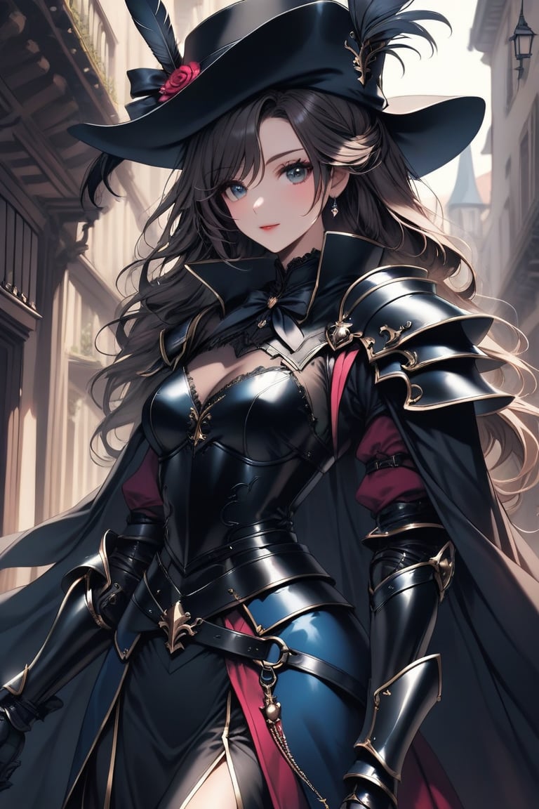 a medium shot, of a seductress girl, dressed as a musketeer, having a small hat with a feather, her armor color is black and the deails in her dress are random colors, her hair is randomly selected.