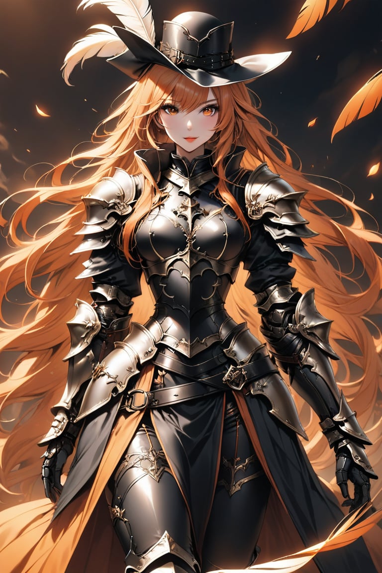 a medium shot, of a seductress girl, dressed as a musketeer, having a small hat with a feather, her armor color is black and the deails in her armor are orange, she have long hair and the color is is black and withe .